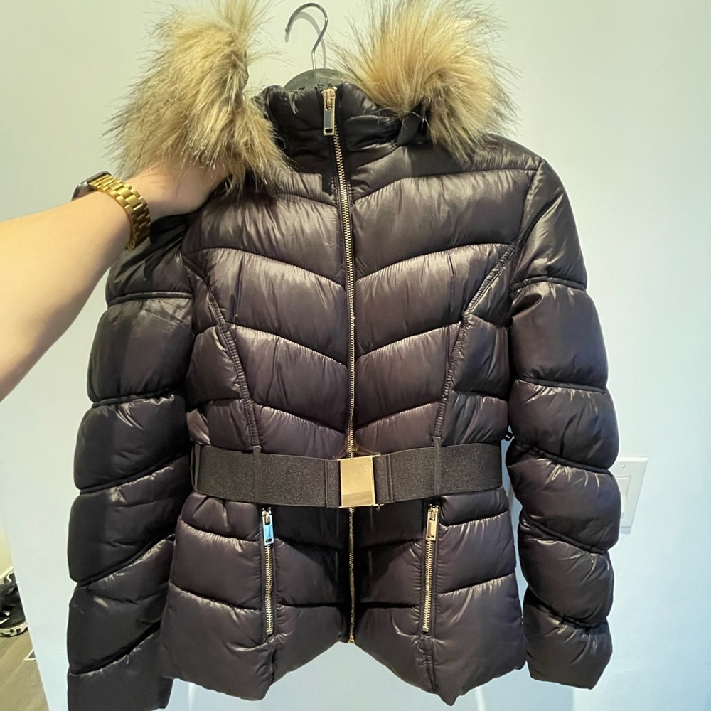 Navy Faux Fur Trim Belted Puffer Jacket